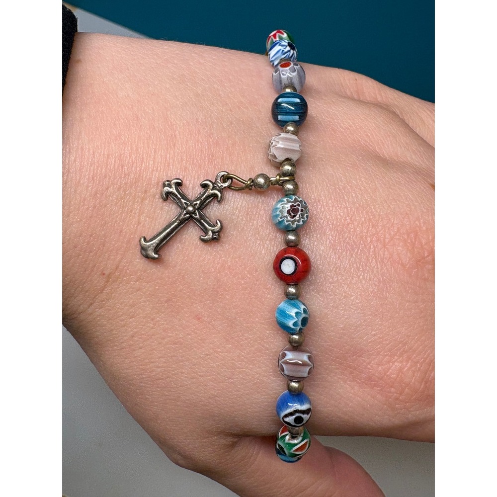 Millefiori Glass Bead Bracelet Multi Color Cross Charm Gothic Religious